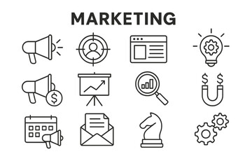 Marketing concepts illustrated with icons for business strategies and audience engagement in a creative layout