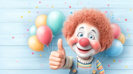 Fototapeta premium Cheerful clown with colorful balloons giving thumbs up against blue wooden background