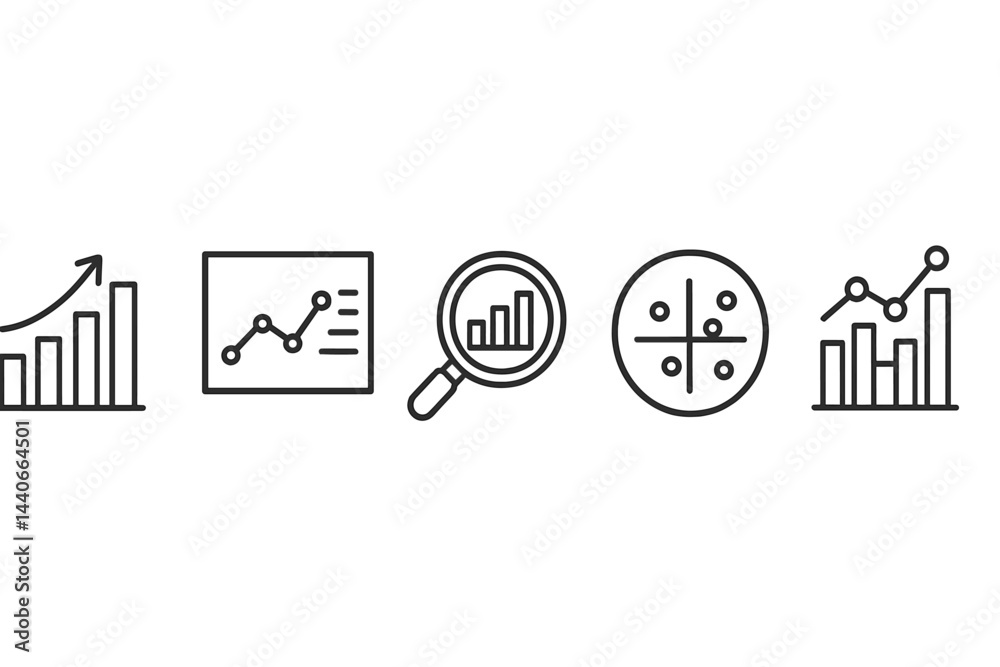 Poster visual representation of data trends and analysis through various chart designs in a minimalistic st