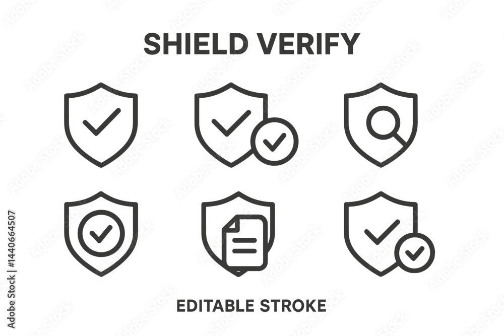 Poster collection of simple shield icons representing verification concepts and security measures with chec