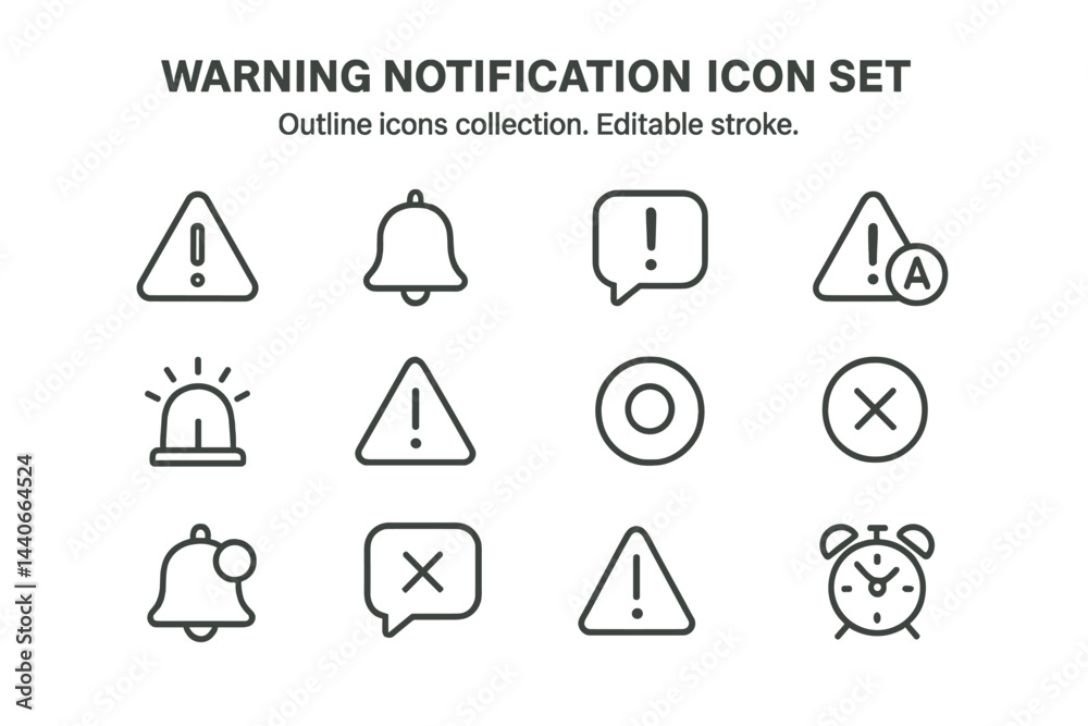Poster collection of warning notification icons designed in a simple outline style for versatile use in var