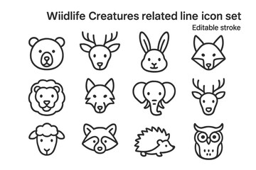 Wildlife creature line art icons featuring a bear, deer, rabbit, fox, lion, elephant, sheep, raccoon, hedgehog, and owl displayed in a grid format