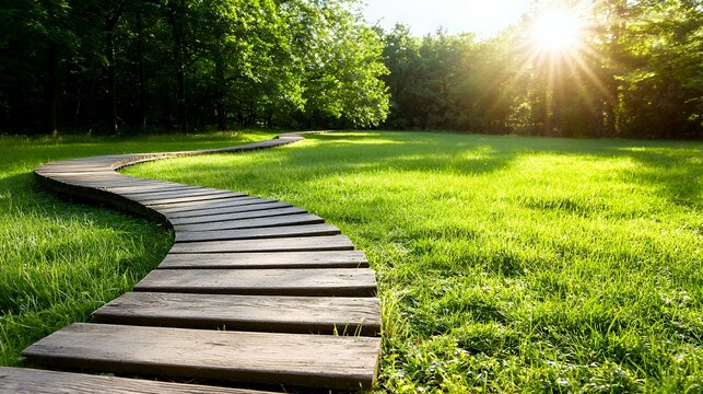 Wooden Path Through Lush Green Meadow with Sunlight and Trees