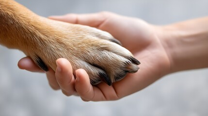 Hand in Paw: A touching scene unfolds as a human hand gently cradles a dog's paw, symbolizing the bond of friendship, trust, and the special connection between human and animal