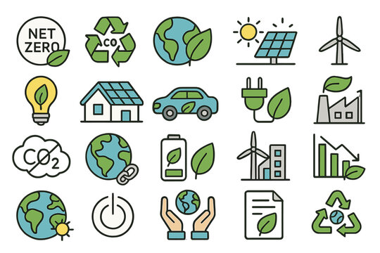 Sustainable energy icons representing eco-friendly initiatives and technologies for a greener future