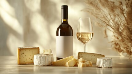 Naklejka premium A stylish and modern wine and cheese pairing, set in a pressionally lit studio environment. The arrangement features a sophisticated