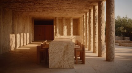 Minimalist Stone Interior Dining Area With Wooden Chairs Surrounded By Sunlit Columns