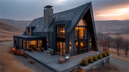 Obraz premium Modern a-frame house at sunset in rural landscape
