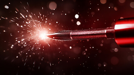 Close up view of sparkling makeup applicator, showcasing vibrant red hues and shimmering particles that create festive