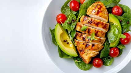 Grilled Chicken Breast Sliced and Served on a Fresh Salad with Spinach and Cherry Tomatoes