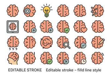 Collection of creative brain icons representing various concepts and activities for visual communication and design projects