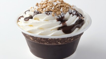 Chocolate dessert with whipped cream and oat topping.