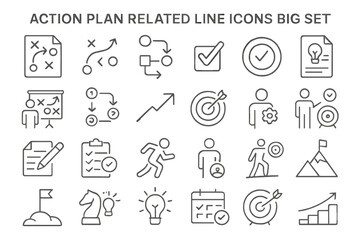 Variety of action plan related icons depicting strategies, goals, and achievements in minimalistic design
