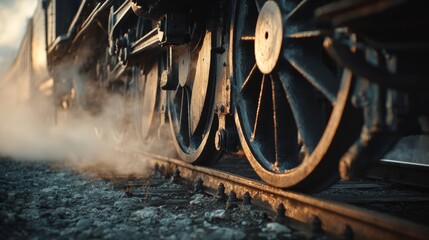 Vintage steam train wheels on track during sunrise with atmospheric steam