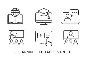 E-learning icons depicting various online education activities and digital learning tools showcased in a modern design
