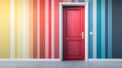 Fototapeta premium Colorful Striped Wall With A Bold Red Door in a Modern Interior Design Setting