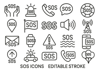 Diverse representations of SOS symbols and icons displayed in various formats with clear emergency themes