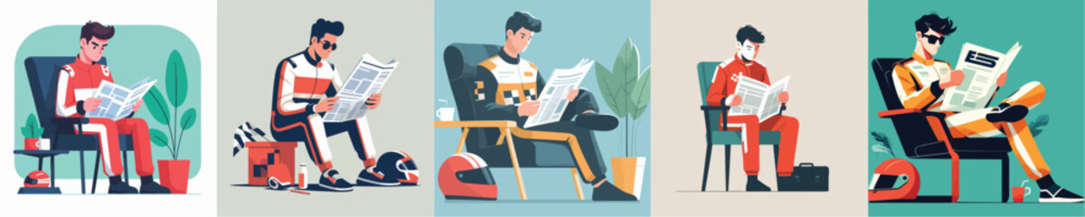 racer character vector reading newspaper