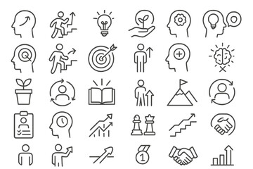 Creative icons representing growth, learning, and achievement in personal and professional development