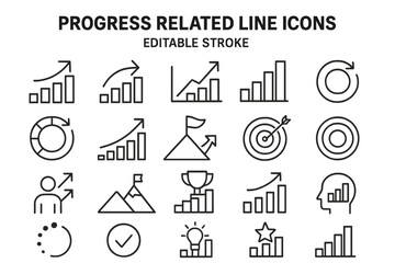Collection of progress related line icons depicting growth, achievement, and goals with editable strokes for various applications