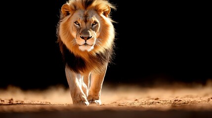 Lion Walking Towards Camera on Sandy Ground with Black Background