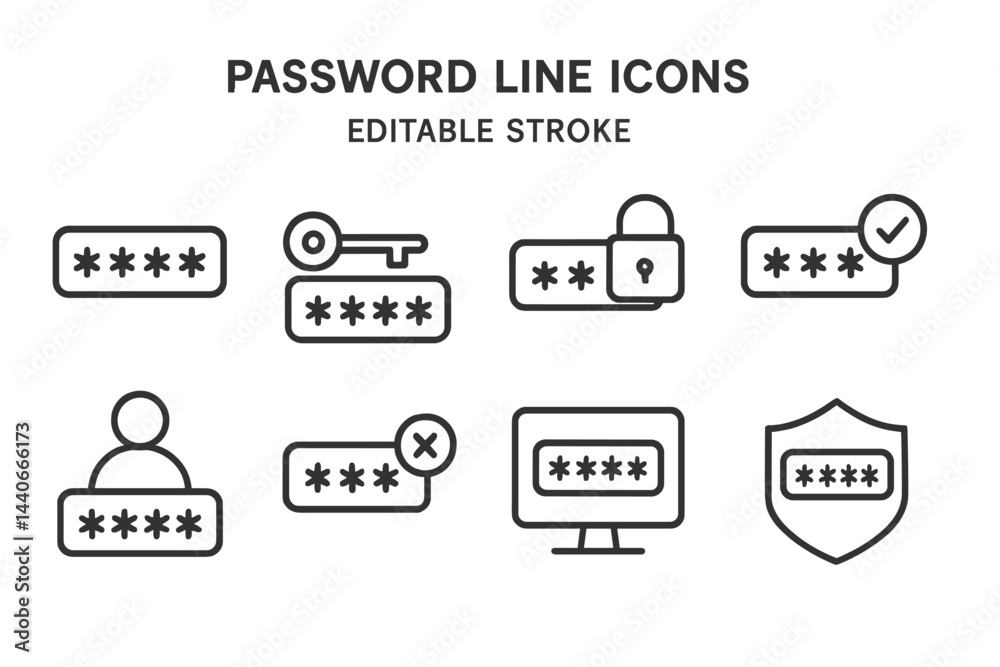 Poster password line icons representing security features for digital accounts and user authentication proc