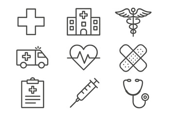 Medical icons representing healthcare symbols and services in a simplified design suitable for various applications