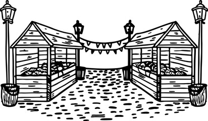 Outdoor farmers market sketch with vegetable stalls, lamps, festive bunting, rustic atmosphere