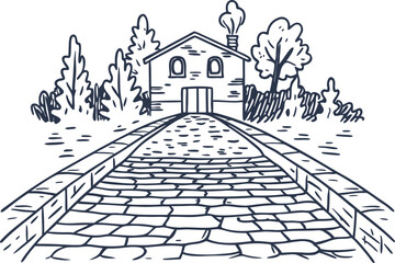 Illustration of countryside house on cobblestone path with trees and smoke chimney