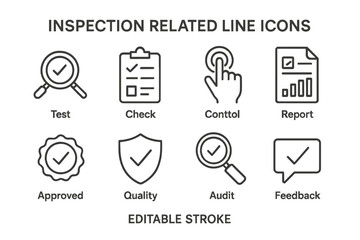 Inspection related line icons representing various quality assurance processes, suitable for reports and audits in business settings