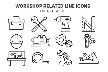 Collection of workshop related line icons showcasing essential tools and equipment for various tasks and projects