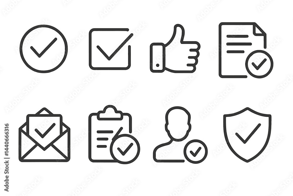 Poster collection of checkmark icons representing approval and completed tasks for digital usage in various
