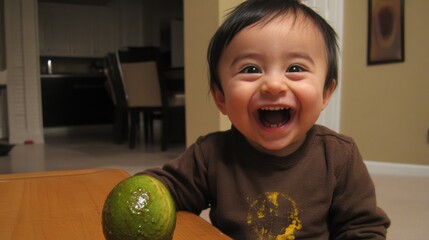 Fototapeta premium Happy baby boy laughing with avocado.