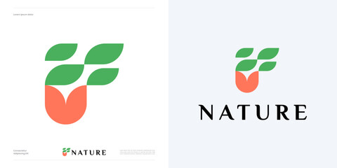 Letter F with leaves and rose flower logo icon design vector illustration template editable, Symbol initial alphabet with leaf plant sign for nature and brand identity business