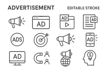 Various advertisement icons in a minimalistic design showcasing diverse marketing channels and methods for effective communication