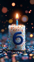 Colorful birthday candle with number six surrounded by confetti in a festive setting