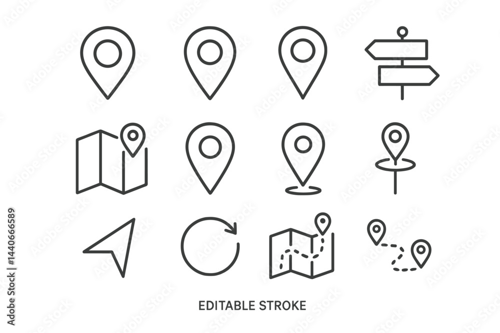 Poster collection of navigation and location icons for digital map applications and user interface design