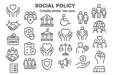 Collection of line icons representing social policy topics, community support, and civic engagement initiatives