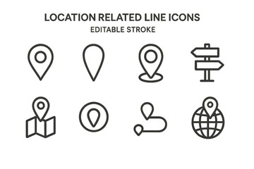 Collection of location related icons in line art style for navigation and mapping purposes