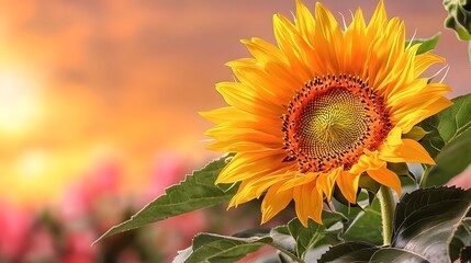 Fototapeta premium Vibrant Sunflower in Full Bloom Against a Stunning Sunset Background in a Flourishing Garden