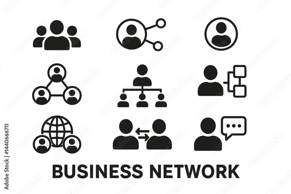 Poster visual representation of business networking concepts with icons illustrating connections and collab