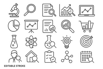 Collection of minimalist icons representing scientific research and data analysis in a modern workspace setting