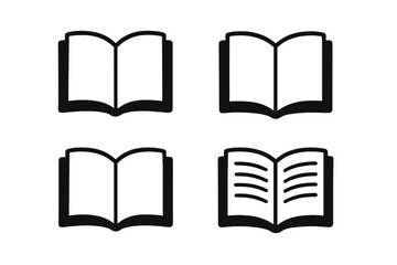Collection of black and white open book icons for educational and literary use