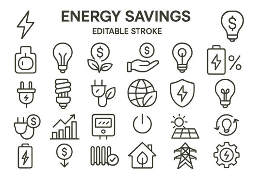 Energy savings icons collection showcasing various aspects of sustainable practices and efficiency measures in everyday life