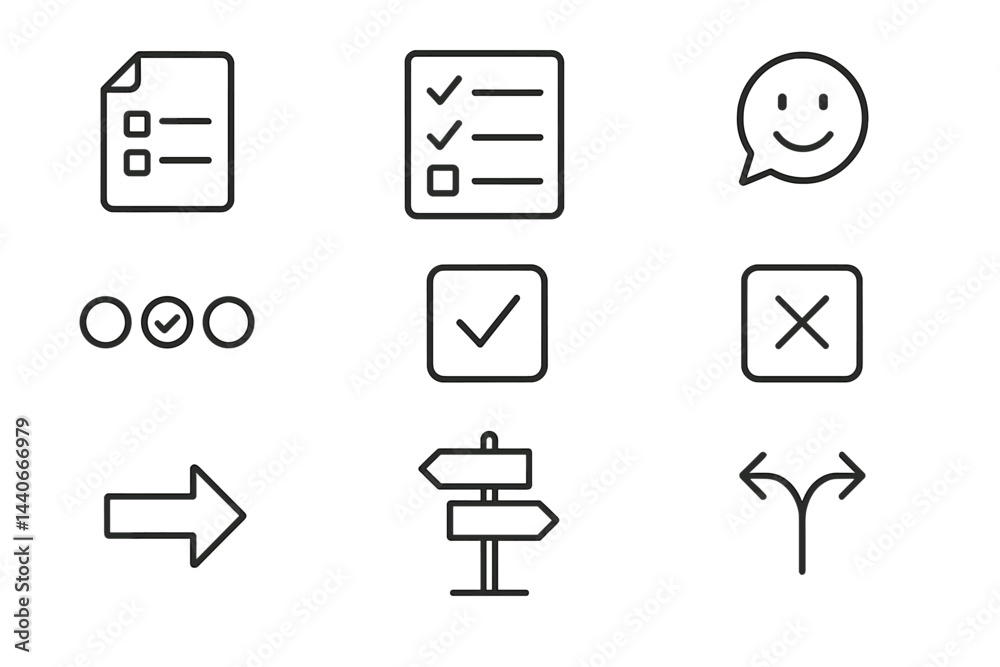 Poster collection of simple icons representing tasks, communication, and direction in a minimalistic style 