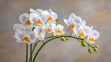 Obraz premium Delicate white orchids with yellow centers and purple accents, in full bloom, on a neutral background