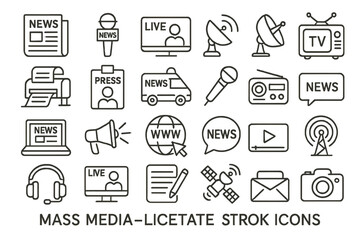 Collection of mass media icons illustrating various aspects of news reporting and communication technology during the digital age
