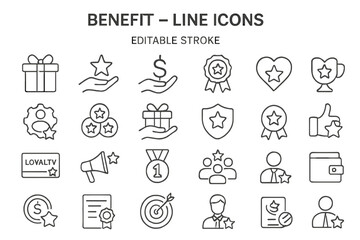 Line icons illustrating various benefits, rewards, and achievements for visual communication and marketing purposes