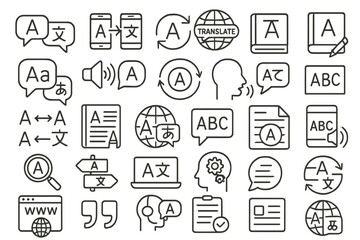 Various icons representing translation, language learning, and communication tools in a modern design