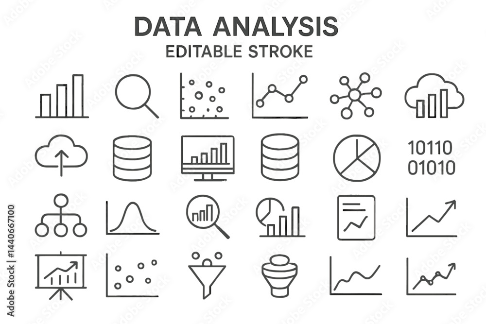 Poster data analysis icons featuring graphs, charts, and database symbols in a minimalist design